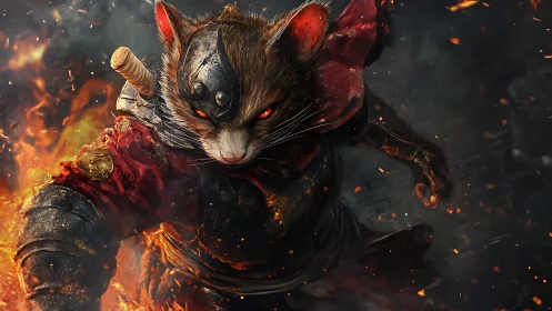 Armored warrior mouse charges forward through heavy flames.