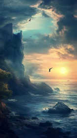Digital painting seascape with towering cliffs and sunset glow.