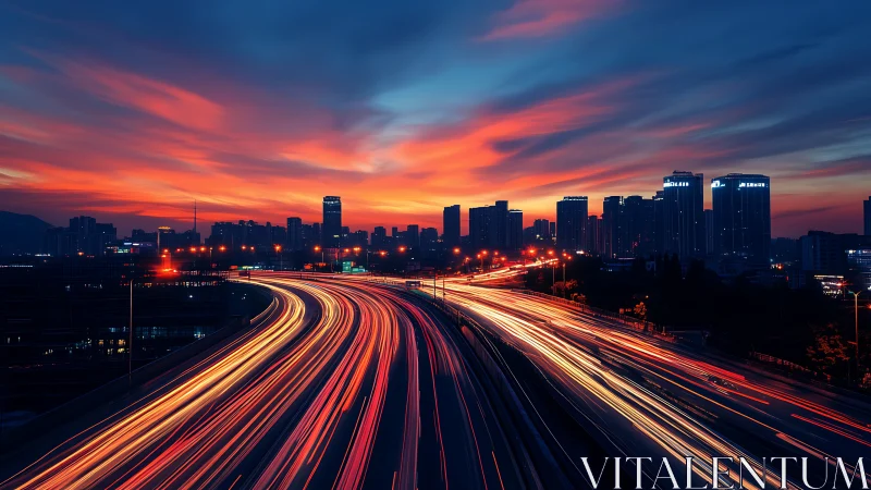 City skyline and highway light trails at vivid sunset.