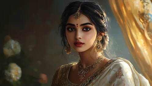 Graceful woman in golden sari glows in soft evening light