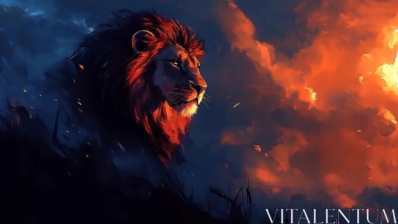 Majestic digital lion against fiery twilight clouds.