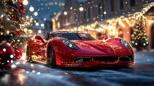 Red supercar sparkles under festive Christmas street lights.