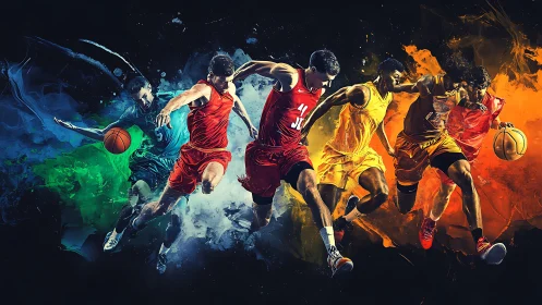 Explosive motion of five digital basketball players.