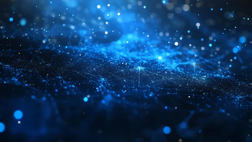 Abstract blue digital network background with glowing particles.