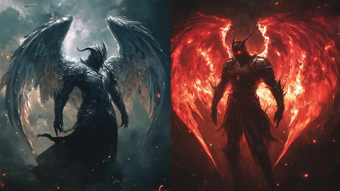 Dual elemental demon knights with ethereal burning wings.