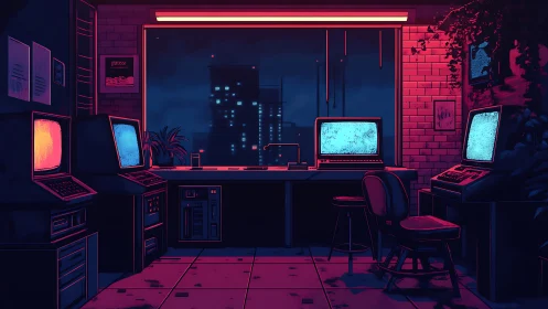 Neon lit retro computer lab facing a moody night city.