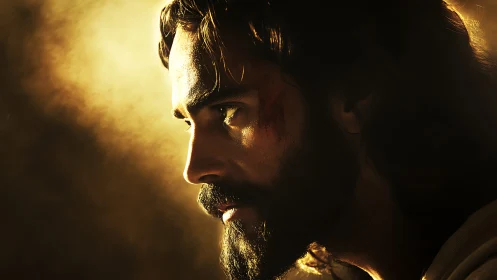 Low key side portrait of bearded man in warm backlight.