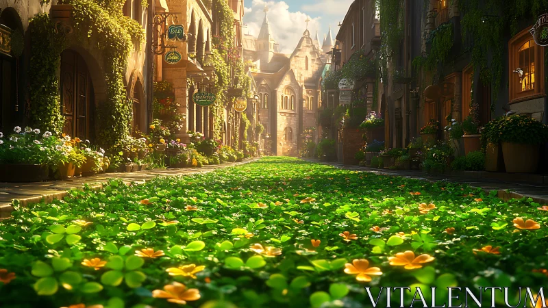 Digital painting of floral-clad European alleyway perspective.