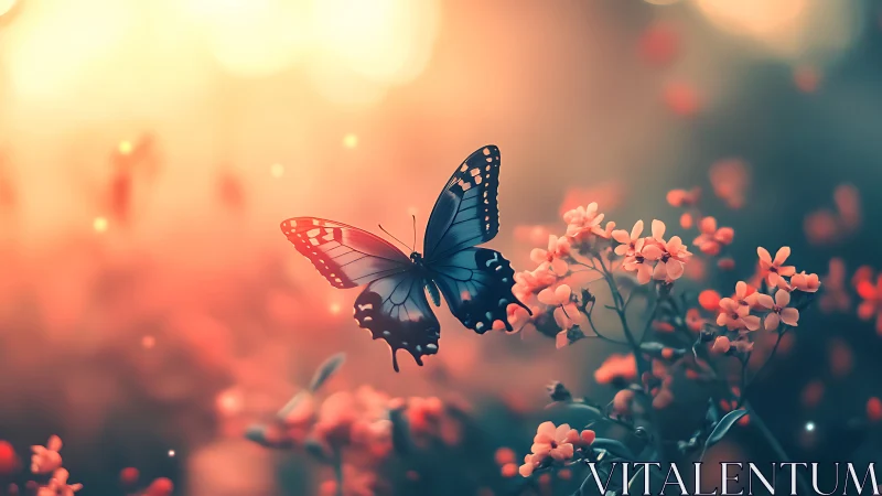 Butterfly over coral wildflowers in glowing sunset haze.