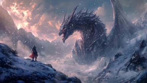 Lone warrior confronts colossal ice dragon in stormy peaks.