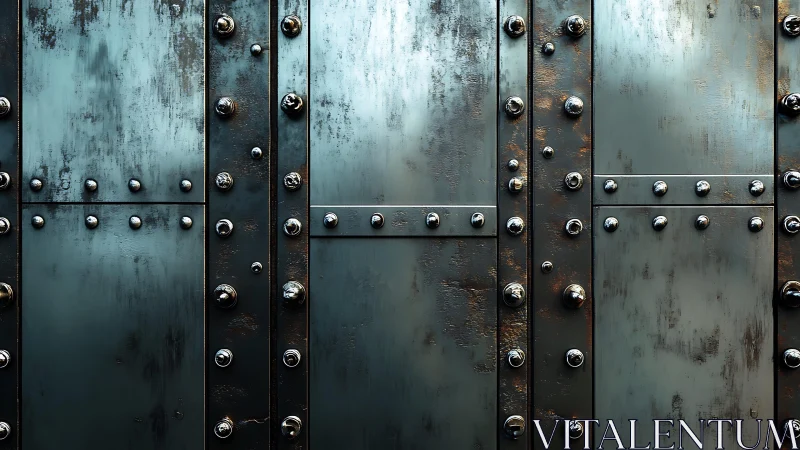 Industrial steel wall with rivets in grunge style, metallic texture.
