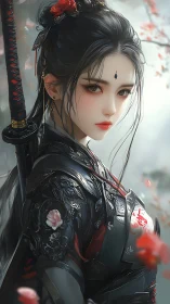 Armored samurai woman in ornate lacquered cuirass under soft bokeh light