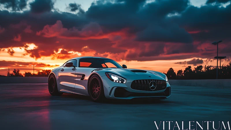 White Mercedes sports car on rooftop at vivid sunset.