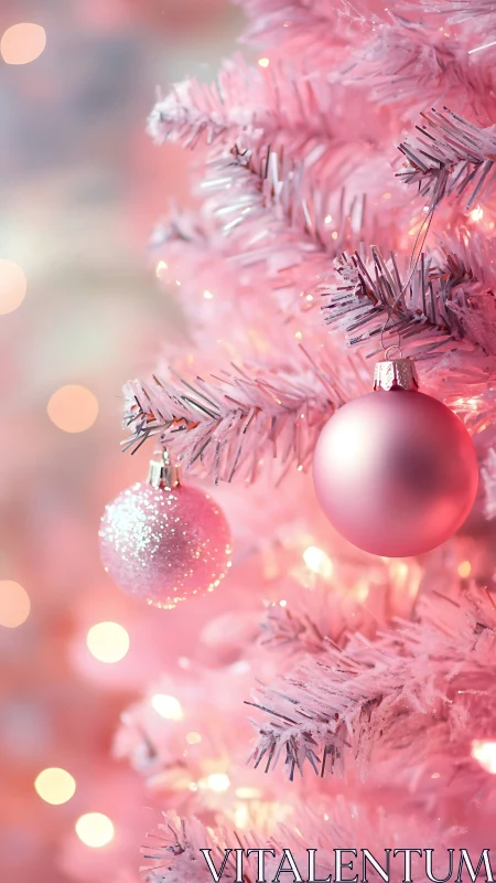 Pink Christmas tree with soft sparkling ornaments aglow.