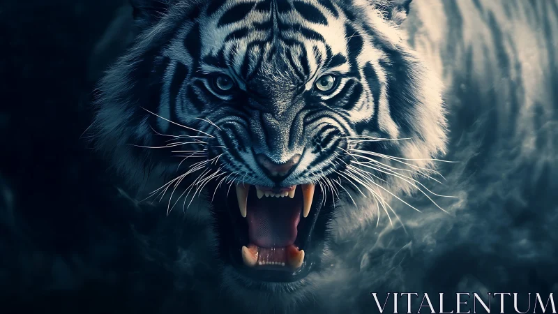 Snarling white tiger portrait in cinematic low key lighting.