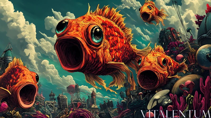 Hyperbolic goldfish swarm over postindustrial reefscape skyways.