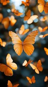 Golden butterflies drift through soft teal forest light