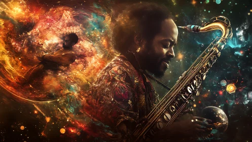 Cosmic saxophone dreams swirling through a painted universe.