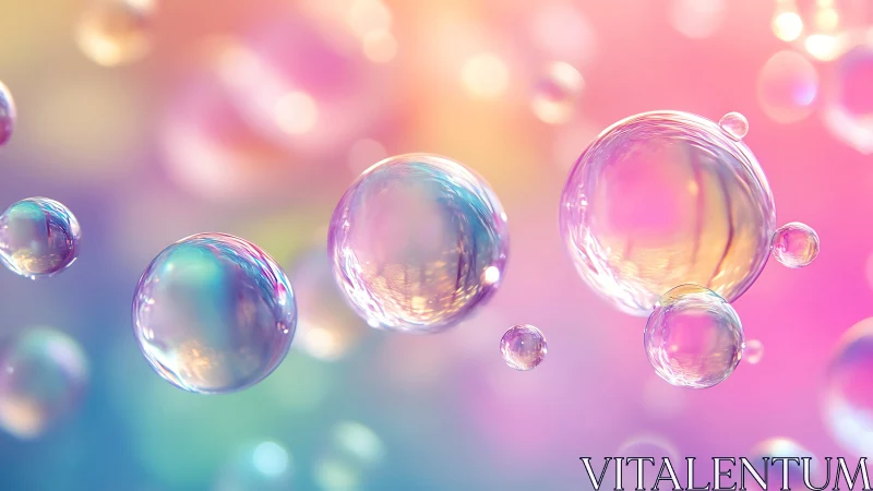 Iridescent soap bubbles drifting across pastel bokeh sky.