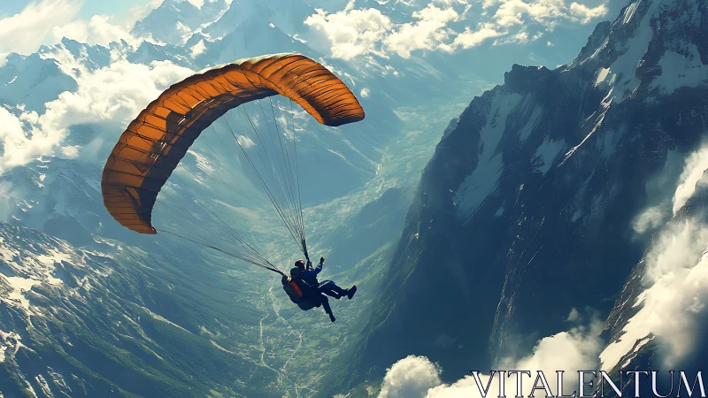 Tandem paraglider over alpine valley with clouds and cliffs.