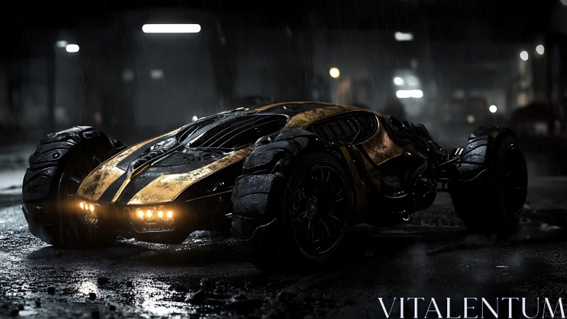 Midnight hunter car prowls through rain slick neon shadows