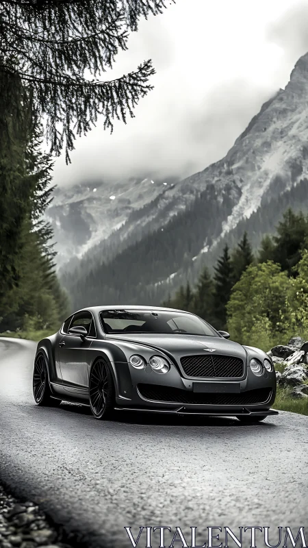 Sleek black luxury coupe powers through misty alpine pass
