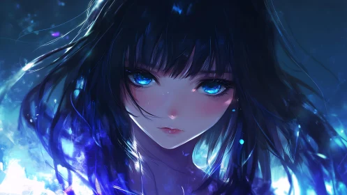 Blue-eyed girl stands amid glowing ethereal light shards