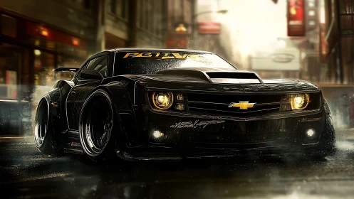 Aggressive black Camaro drifts through neon‑lit rainy streets.