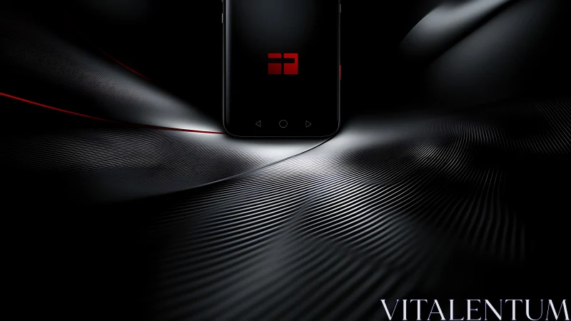 Smartphone hovers above dark metallic waves with red logo