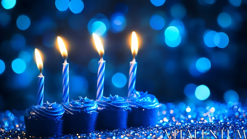 Blue Birthday Candles Glowing Against Bokeh Lights.