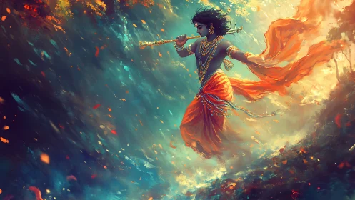 Divine figure with flute amid swirling orange and teal clouds.