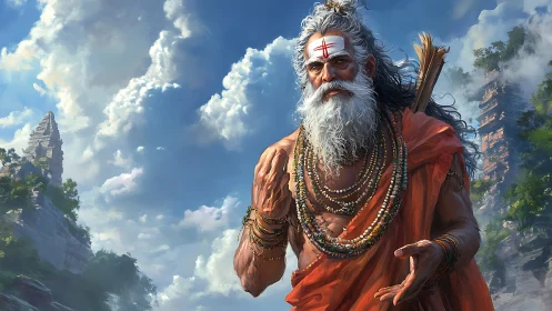 Ascetic sage in orange robes under towering cumulonimbus cloudscape