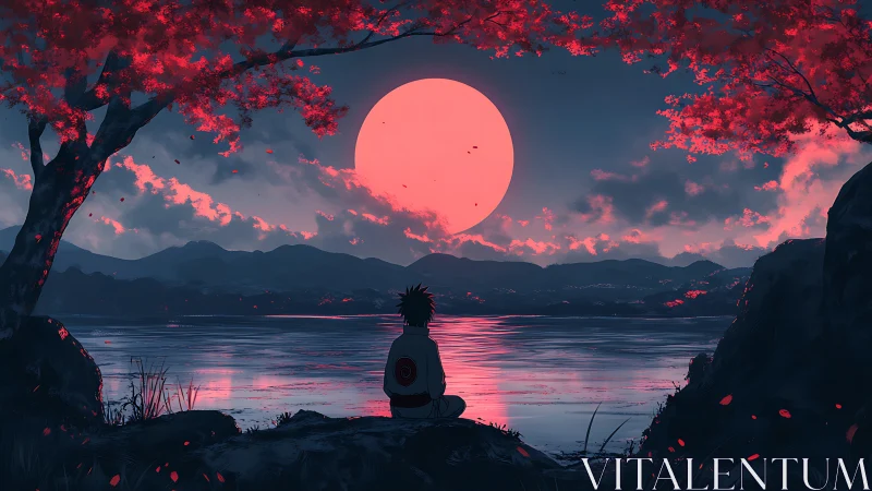 Backlit solitary figure studies crimson moon over reflective lake