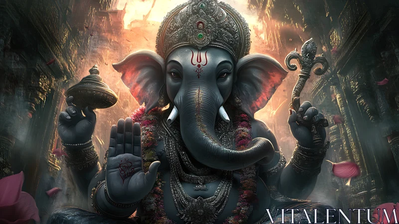 Digital rendering of Ganesha idol with ornate regalia in temple