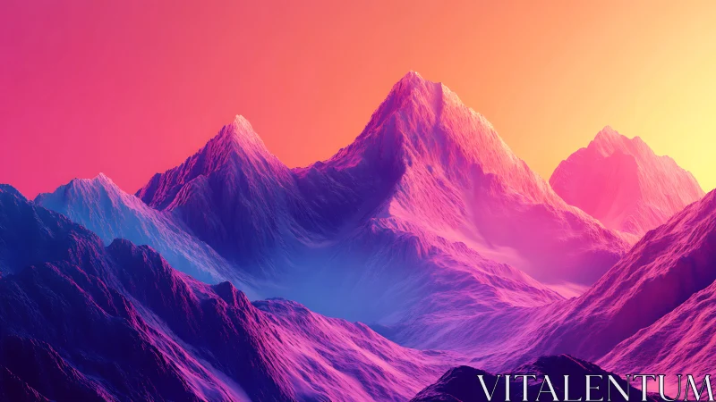Neon gradient alpine mountain range in atmospheric haze glow.