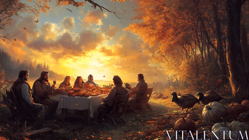 Group sits at outdoor autumn table under low sunset sky