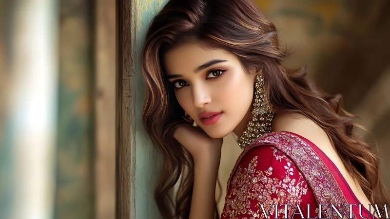 Brunette woman in red embroidered sari with soft window light.