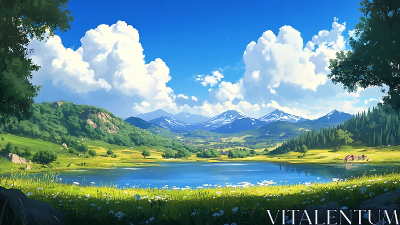 Luminous alpine valley lake under volumetric cumulus clouds.