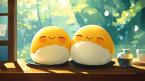 Sunny dumpling friends share a cozy morning window glow