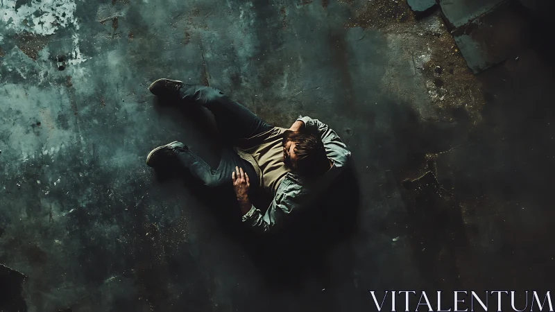 Man on worn concrete floor captured from above in shadow.