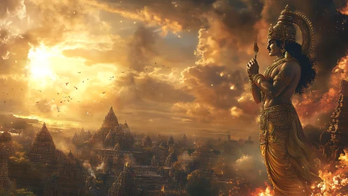 Sun-drenched guardian prays over a burning golden kingdom