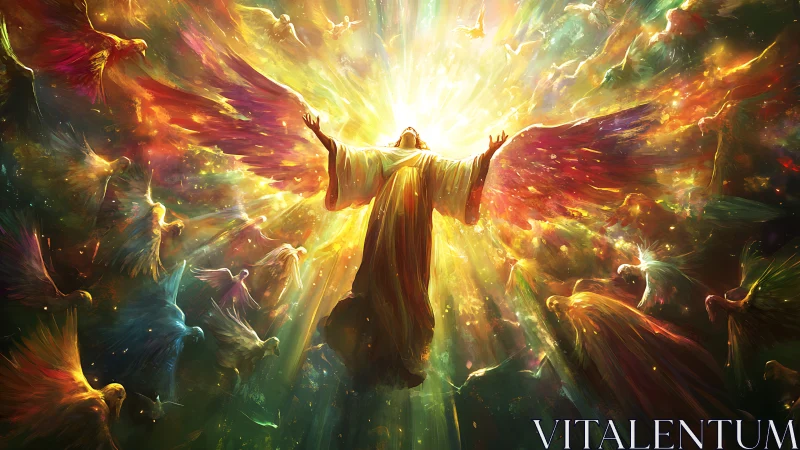 Radiant angel ascends amid swirling prismatic wings