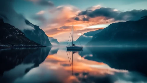 Solitary sailboat dreaming in mirrored fjord twilight calm.
