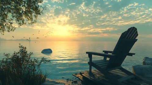 Adirondack chair overlooks tranquil photoreal sunset shoreline