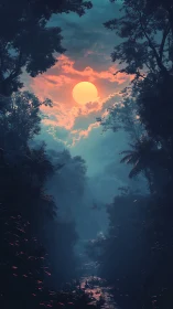 Nocturnal jungle ravine under neon-hued atmospheric moonlight