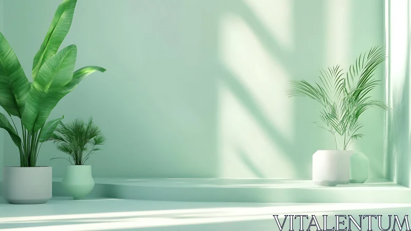 Mint green interior with potted palms under soft directional light