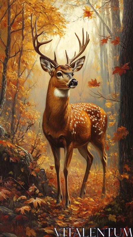 Gentle stag standing quietly in a sunlit autumn forest.