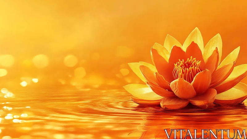 Orange lotus flower on calm reflective water surface.