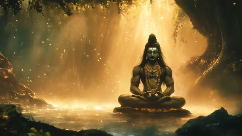 Divine yogi meditates in golden forest light beside river.