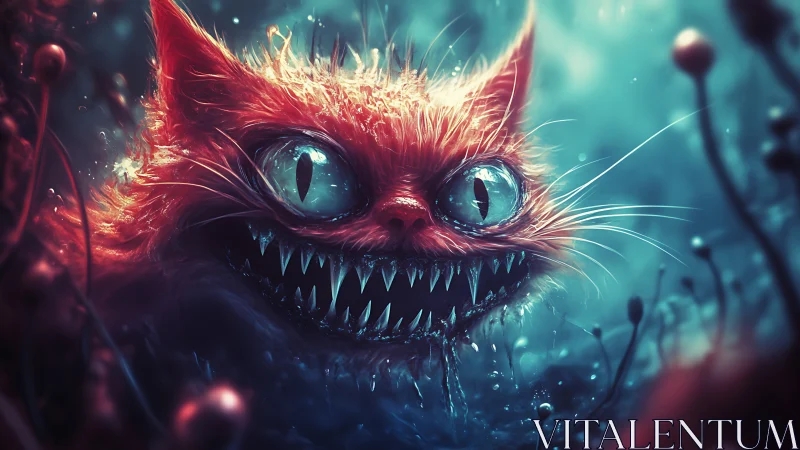 Midnight grinning cat spirit in a glowing dream forest.